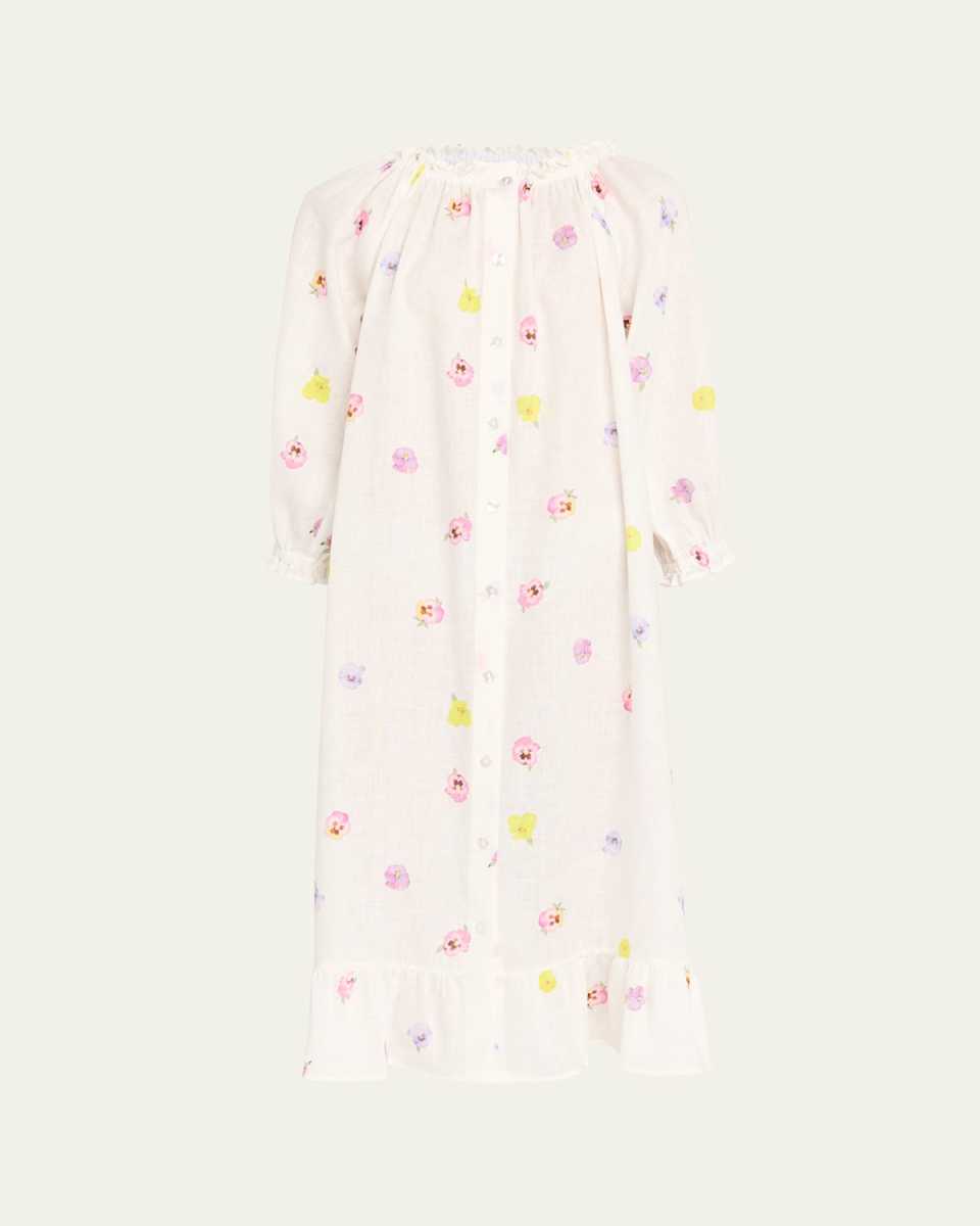 Pansy-Print Linen Loungewear Midi Dress